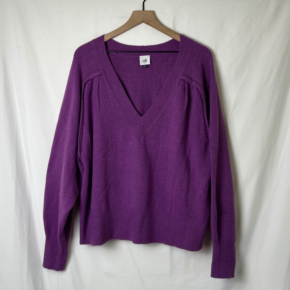 cabi Womens Pleated Shoulder V-Neck Knit Sweater Size L Purple Casual Office
